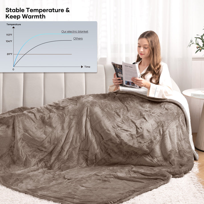 Electric Blanket 72" X 84" Full Size, Flannel & Shu Velvet, Fast Heating, 6 Heating Levels, 10 Hours Timer, Linen