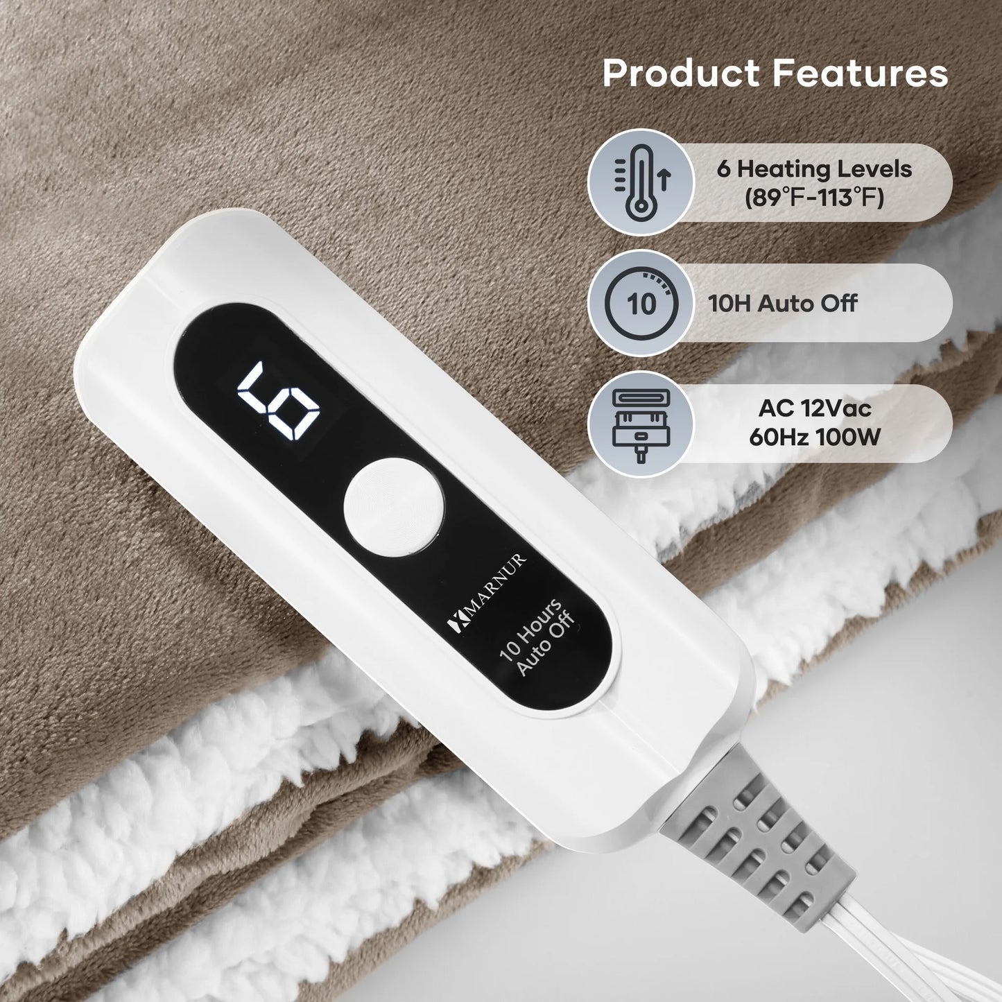 Electric Blanket 72" X 84" Full Size, Flannel & Shu Velvet, Fast Heating, 6 Heating Levels, 10 Hours Timer, Linen